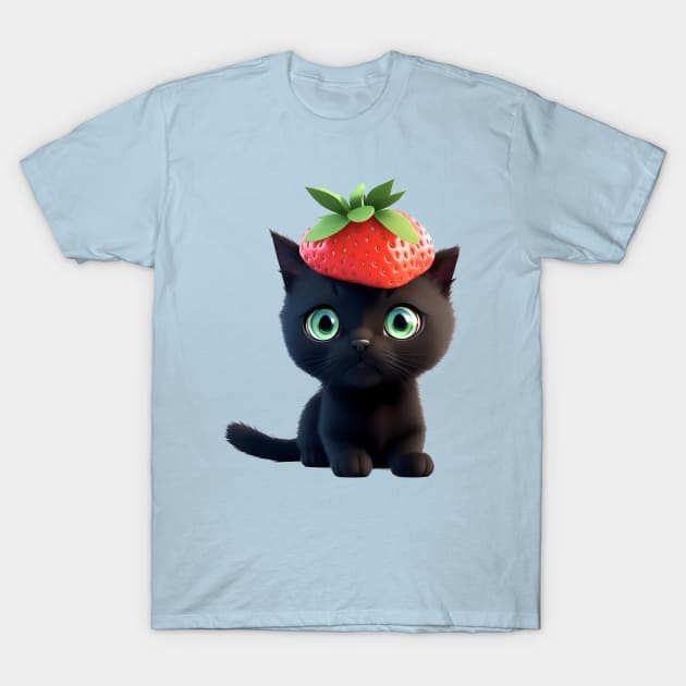 Cute black kitten with strawberry hat T-Shirt by BrisaArtPrints